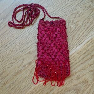 Red Crochet Beaded Fringe Crossbody Purse Bohemian Hippie Small Mini Boho Bag